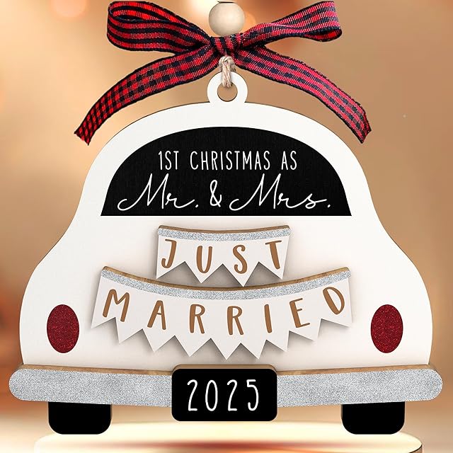 Wedding Gifts - Mr and Mrs Gifts - Wedding Gift for Couples 2025, Bride, Future Mr and Mrs - Bridal Shower Bride Gift Ideas for Married Newlywed - Wood First Christmas Married Ornament 2025