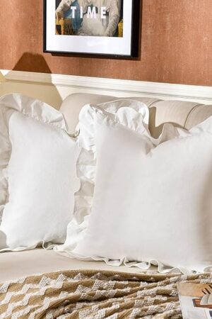 AmHoo Pack of 2 Throw Pillow Covers 100% Cotton Pre Washed Ruffle Decorative Pillowcase Cushion for Couch Sofa Bedroom 18 x 18-Inch Cream White