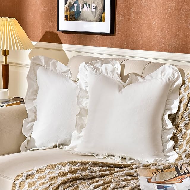 AmHoo Pack of 2 Throw Pillow Covers 100% Cotton Pre Washed Ruffle Decorative Pillowcase Cushion for Couch Sofa Bedroom 18 x 18-Inch Cream White