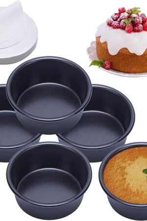 4 Inch Cake Pan Set of 5, Nonstick Cheesecake Round Cake Pans with 100 Pieces Parchment Paper, Mini Cake Tins for Baking, Non-Toxic & Leakproof Circle Cake Pan, Aluminum Material Food Grade Coating