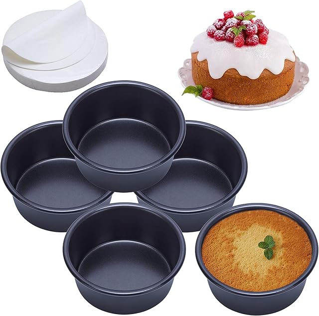 4 Inch Cake Pan Set of 5, Nonstick Cheesecake Round Cake Pans with 100 Pieces Parchment Paper, Mini Cake Tins for Baking, Non-Toxic & Leakproof Circle Cake Pan, Aluminum Material Food Grade Coating