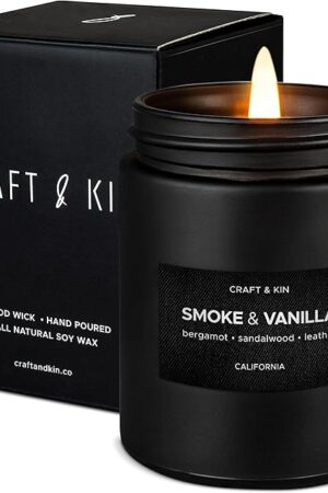 Craft & Kin Premium Smoke & Vanilla Candle | Black Scented Candles for Men | Long Lasting with 45 Hour Burn Time, 7.6oz | Made with Soy | Aromatherapy at Home | Gifts for Men