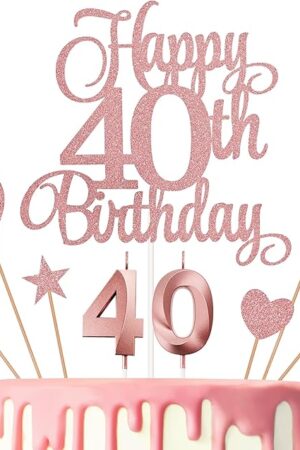 40th Birthday Cake Decorations, 40th Birthday Candles Cake Numeral Candles and Glitter Happy 40th Birthday Cake Toppers Set for Birthday Party Supplies (Rose Gold)