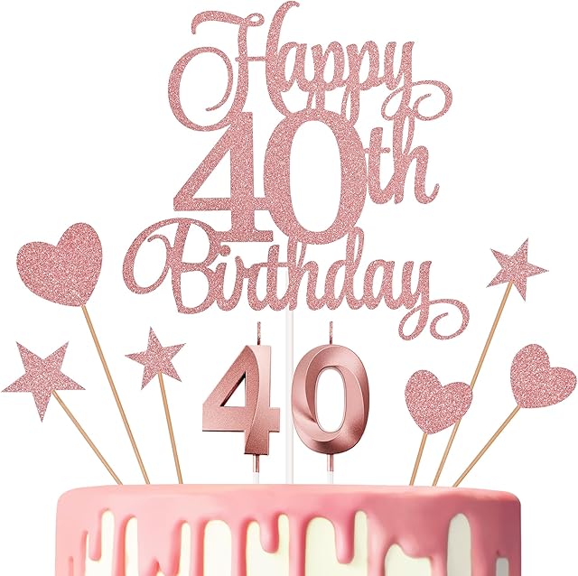 40th Birthday Cake Decorations, 40th Birthday Candles Cake Numeral Candles and Glitter Happy 40th Birthday Cake Toppers Set for Birthday Party Supplies (Rose Gold)