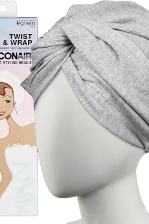 CONAIR Cotton Twist & Wrap Hair Towel, Fast Drying Ultra-Absorbent Hair Plop for All Types and Lengths, Turban-Style Cotton Towel Helps Maintain Natural Curl Style, Gray
