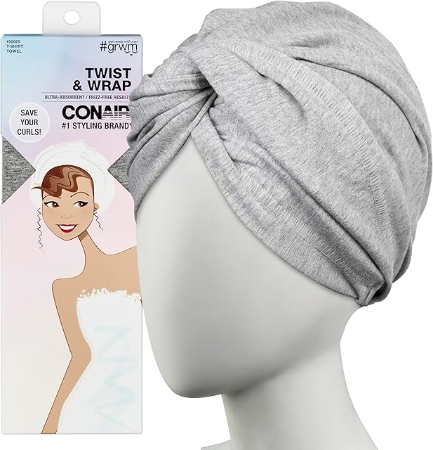CONAIR Cotton Twist & Wrap Hair Towel, Fast Drying Ultra-Absorbent Hair Plop for All Types and Lengths, Turban-Style Cotton Towel Helps Maintain Natural Curl Style, Gray