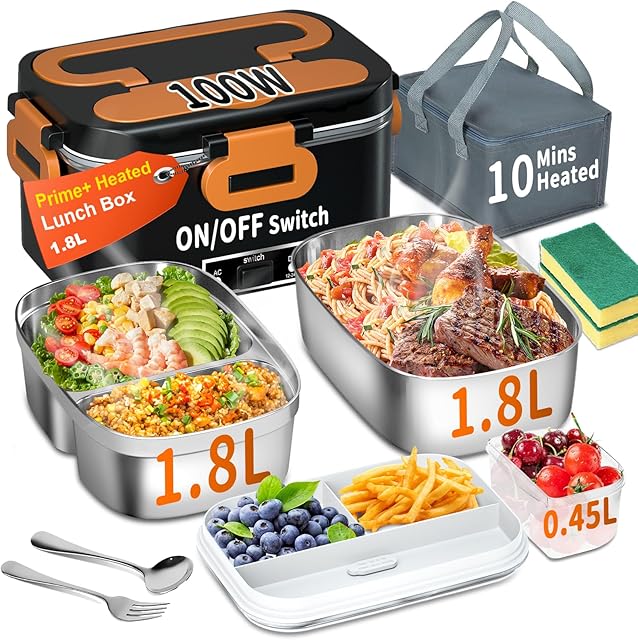 Electric Heated Lunch Box for Adults, 100W 3-IN-1 2 Pack 1.8L Containers Heating Lunch Box for Men Portable Double Layer, Fast Heated Food Warmer,12V/24V/110V for Car Truck Office Home