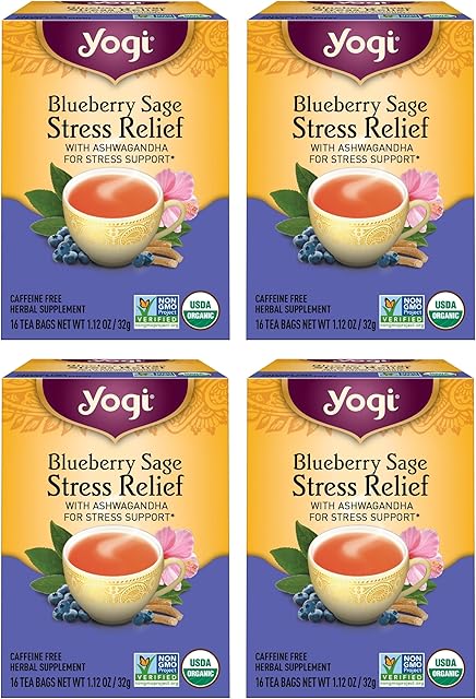 Yogi Tea Blueberry Sage Stress Relief - 16 Tea Bags per Pack (4 Packs) - Relaxing, Calming Tea to Support Stress Response - Includes Ashwagandha, Blueberry, Sage, Hibiscus & More