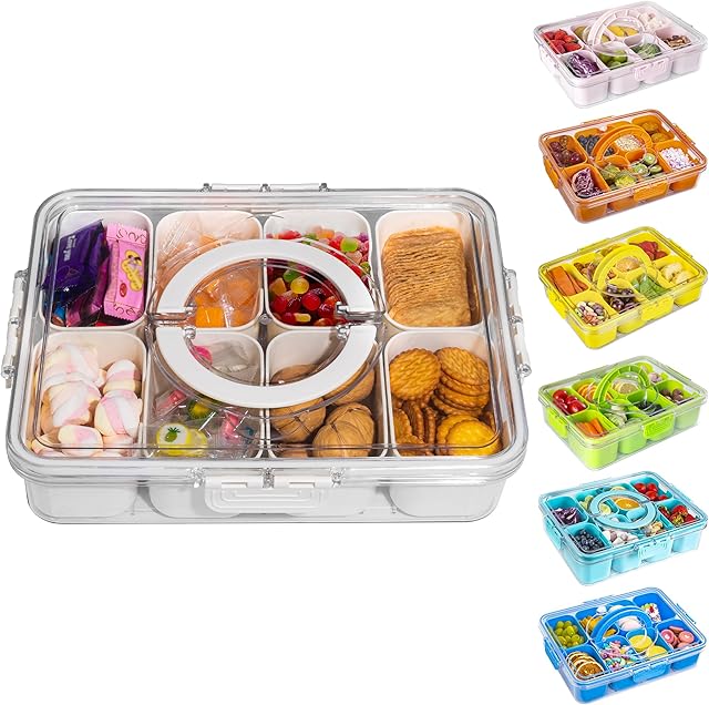 Divided Snack Serving Tray with Lid and Handle travel Snackle Box Charcuterie Container Portable Storage Organizer for Candy, Fruits, Nuts, Snacks 1Pack White