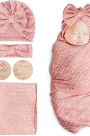 DRESHOW BQUBO Baby Swaddle Blankets for Girls, 4PCS Newborn Accessories Set with Matching Hat and Bow Headband with Card