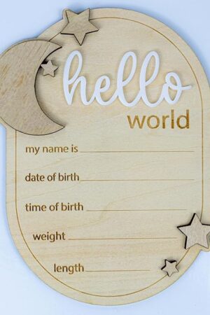 Baby Announcement Sign Star, 6.5 Inch Wooden Hello World Newborn Welcome Sign Birth Name Plaques for Photo Props Baby Shower Hospital Nursery (A62)