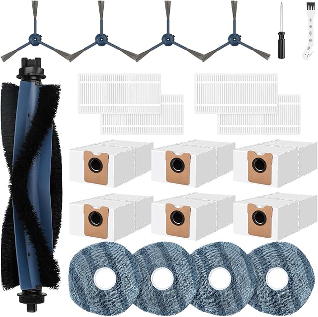 21 Pcs Accessories Kit Compatible with eufy Vacuum Omni C20, Replacement Parts include 1 Main Brush, 4 Side Brushes, 6 Dust Bags, 4 Mop Pads, 4 Washable Filters, 1 Cleaning Tool and1 Screwdriver