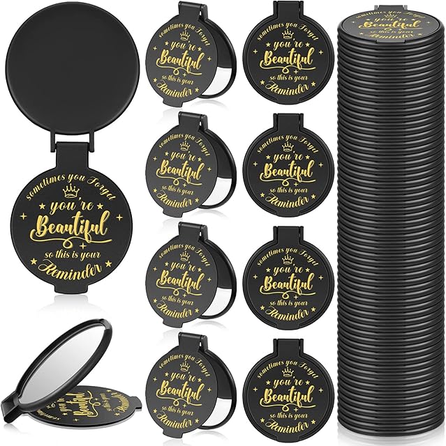 36 Pcs 2.76 Inch Inspirational Compact Mirror Bulk Party Favors Quinceanera Gift Purse Small Mirror Pocket Mini Gifts for Women Adult Coworker Halloween Christmas Friends (Black)