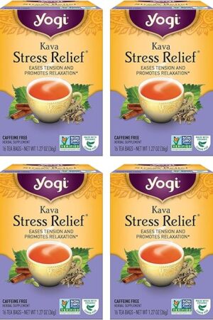 Yogi Tea Kava Stress Relief Tea - 16 Tea Bags per Pack (4 Packs) - Made with Organic, Caffeine-Free Relaxing Tea - Includes Carob Pod, Indian Sarsaparilla Root, Cinnamon Bark, Ginger Root & More