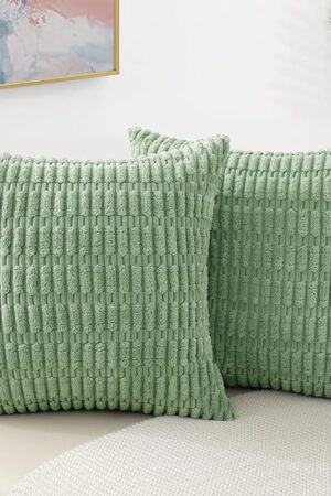 decorUhome Sage Green Neutral Decorative Fall Throw Pillow Covers 18x18 Inch Set of 2, Boho Soft Corduroy Striped Square Pillow Covers Modern Twill Pillow Covers for Couch Bed Sofa Living Room