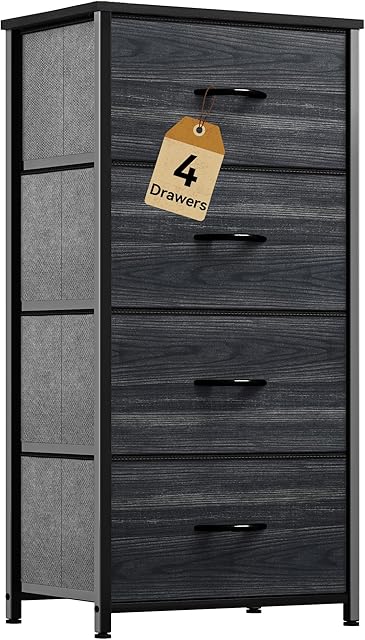DWVO 4 Drawers Dresser, Dresser for Bedroom, Fabric Storage Tower, Chest of Drawers, Organizer Unit for Closets, Living Room, Sturdy Steel Frame, Wooden Top, Easy Pull Fabric Bins