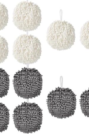 12-Pack Chenille Fuzzy Ball Hand Towels, 7.1 Inch Soft Absorbent Microfiber Towels, Quick-Dry Cleaning Cloths for Kitchen, Home, Bathroom, Hanging Towels(6 White & 6 Grey)