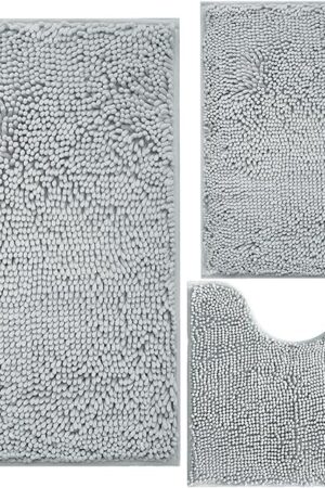 Bathroom Rugs Chenille 3-Piece Extra Soft and Absorbent Shag Bathroom Rugs, Machine Wash Mat, Strong PVC Non-Slip Underside, Plush Carpet Mats (Light Grey)