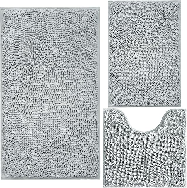 Bathroom Rugs Chenille 3-Piece Extra Soft and Absorbent Shag Bathroom Rugs, Machine Wash Mat, Strong PVC Non-Slip Underside, Plush Carpet Mats (Light Grey)