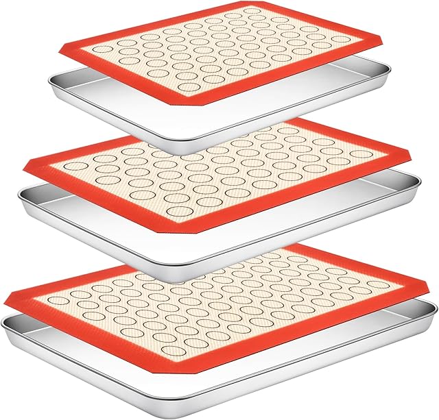 Baking Sheet with Silicone Baking Mat Set,CEKEE Stainless Steel Baking Sheet Pan Tray, Cookie Sheets for Baking, 6PCS Baking Supplies Bakeware Sets for Oven Making Cookies, Macaroons, Bread
