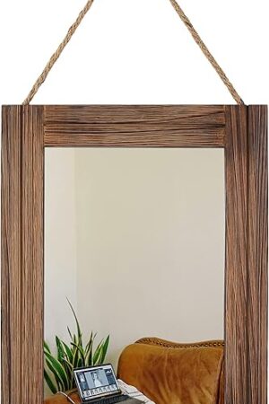 16 X 12 Inch Rustic Wood Framed Wall Mirror with Hanging Rope for Farmhouse Decor, for Entryway, Bedroom, Bathroom, Dresser, Brown