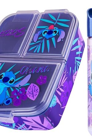 Disney Stitch Kids Lunch Box with Compartments and Water Bottle for School (Blue/Purple)