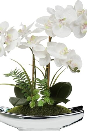 Briful Orchids Artificial Flowers 15" White Phalaenopsis Orchid with Silver Pots Real Touch Faux Orchid Plant for Home Office Living Room Table Decoration