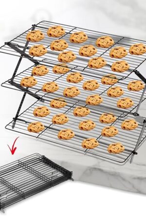 3-Tier Collapsible Cooling Rack Expandable & Collapsible Cookie Wire Baking Foldable Cooling Racks Premium Quality And Sturdy Legs Ideal For Baking Supplies, 10''x16''x12'', Black