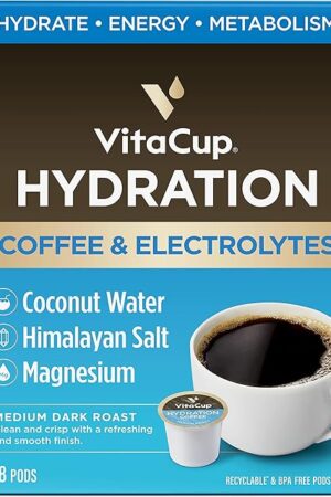 VitaCup Hydration Coffee Pods, The First Coffee That Hydrates You w/Electrolytes, Coconut Water, Pink Himalayan Salt, Magnesium, Medium Roast,Single Serve Pod compatible w/Keurig K-Cup Brewers, 18Ct