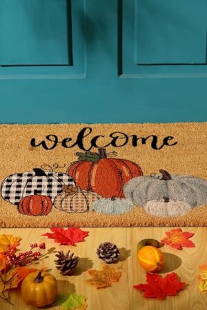 Ceenna Fall Coir Doormat Football Pumpkin Style Coir Welcome Mats Autumn Non Slip Floor Mats Thanksgiving Indoor Entrance Door Mat Porch Front Decor, 16 x 28 Inch(Vibrant Pumpkin)