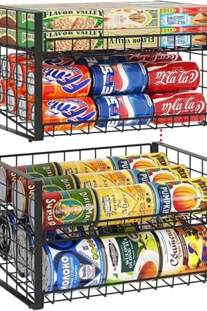 2 Pack Stackable Can Organizer for Pantry, Adjustable Can Holder Rack for Canned Food Soda Drink Goods Storage up to 60 Cans Storage, 2-Tier, Black