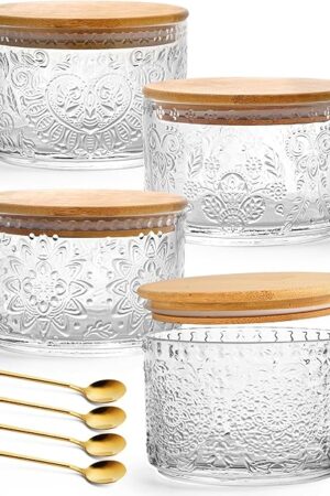 YORY 4-Pack Vintage Glass Mugs with Bamboo lids and Spoons Coffee Tea Cups Gifts for Women Overnight Oats Containers 14oz,