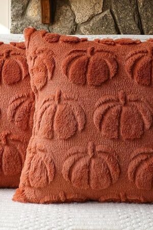 4TH Emotion Fall Pumpkin Decorative Pillow Covers 18x18 Set of 2, Rust Red Soft Plush Faux Fur Farmhouse Throw Cushion Cases for Autumn Thanksgiving Holiday Home Decorations