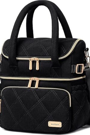 Weitars Lunch Bag for Women Men,Double Deck Lunch Box for Women,Quilted Lunch Tote for Work,Insulated Lunch Cooler Leakproof Lunchbox for Adult with Shoulder Strap &Pockets for Picnic Hiking (Black)