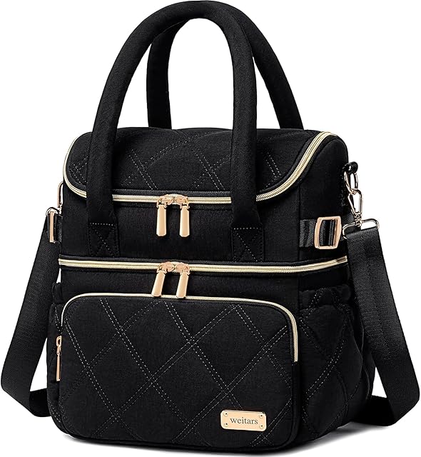 Weitars Lunch Bag for Women Men,Double Deck Lunch Box for Women,Quilted Lunch Tote for Work,Insulated Lunch Cooler Leakproof Lunchbox for Adult with Shoulder Strap &Pockets for Picnic Hiking (Black)