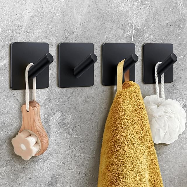 Bath Towel Hooks 4 Pack Self-Adhesive Stainless Steel Black