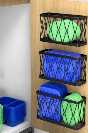YIGII 3 Pack Adhesive Cabinet Organizer - Wall Mounted Pantry Door Organizer Bin Holder for Tupperware Lid Kitchen Wall Under Sink Basket Slim Space Black Stainless Steel