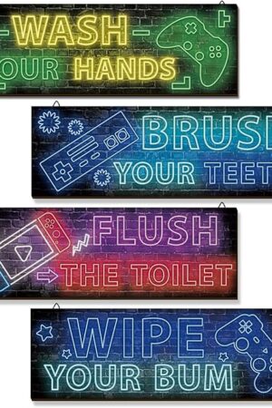 YLOLUL 4 Pcs Boy Bathroom Decor Neon Gaming Decor Teen Bathroom Decor Bathroom Gaming Wall Art Room Accessories for Teen Boys Kids Bathroom Decor for Teen Boy Bathroom Bedroom Playroom
