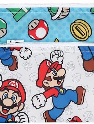 Bumkins Nintendo Reusable Snack Bags, for Kids School Lunch and for Adults Portion, Washable Fabric, Waterproof Cloth Zip Bag, Supplies Travel Pouch, Food-Safe, 2-pk Super Mario
