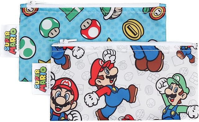 Bumkins Nintendo Reusable Snack Bags, for Kids School Lunch and for Adults Portion, Washable Fabric, Waterproof Cloth Zip Bag, Supplies Travel Pouch, Food-Safe, 2-pk Super Mario