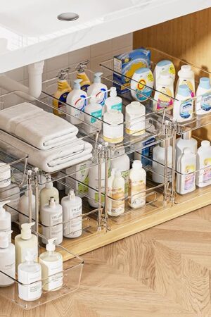 Vtopmart 4 Pack Bathroom Organizer, 2 Tier Clear Under Sink Organizers Vanity Countertop Storage Container,Cabinet Drawers Bins, Pull-Out Organization with Track for Pantry, Kitchen