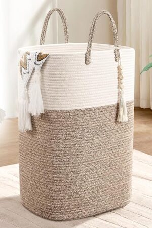 Woven Laundry Basket for Clothes, 65L Large Rectangle Laundry Hampers with Beads Tassel, Nursery Storage Basket for Toys, Tall Dirty Clothes Hamper for Bedroom Aesthetic, Laundry Room Organization