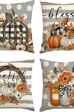 AVOIN colorlife Fall Pumpkin Floral Eucalyptus Wreath Throw Pillow Covers, 18 x 18 Inch Autumn Thankful & Blessed Harvest Decorations for Sofa Couch Set of 4