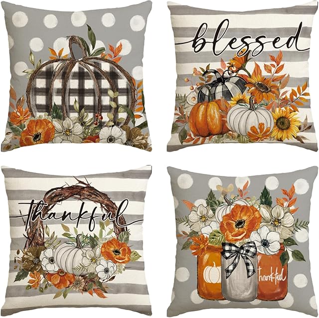AVOIN colorlife Fall Pumpkin Floral Eucalyptus Wreath Throw Pillow Covers, 18 x 18 Inch Autumn Thankful & Blessed Harvest Decorations for Sofa Couch Set of 4