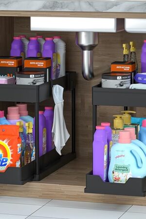 2 Pack Under Sink Organizer, 2 Tier Bathroom Cabinet Organizer with Sliding Basket, Multi-Purpose Under Sink Organizers and Storage for Bathroom Kitchen (Black 2 Pack)