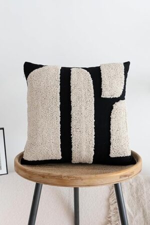 Black White Boho Chunky Tufted Pillow Cover, Neutral Decorative Square Throw Pillow Case, Geometric Woven Modern Sham for Bed Couch Living Room, 18x18 inches, 1PCS