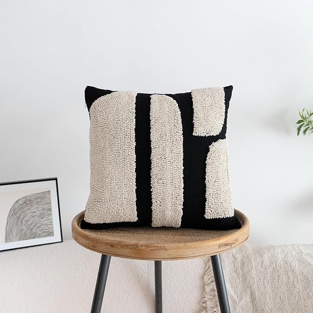 Black White Boho Chunky Tufted Pillow Cover, Neutral Decorative Square Throw Pillow Case, Geometric Woven Modern Sham for Bed Couch Living Room, 18x18 inches, 1PCS