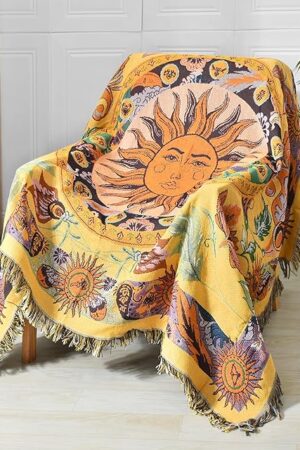 Boho Throw Blanket Reversible Cotton Bohemian Tapestry Hippie Room Decor Outdoor Blanket Double Sided (National Sun Pattern Yellow 50"x60")