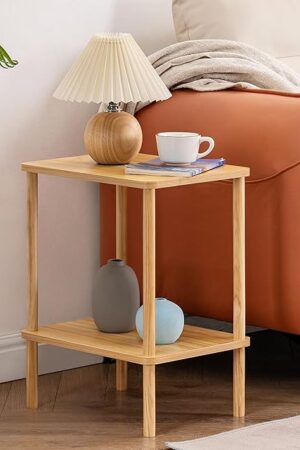 Apicizon 2 Tier End Table, Small Side Table with Solid Wood Legs, Boho Bedside Table with Storage Shelf, Nightstand for Small Spaces, Bedroom, Living Room, Entryway, Farmhouse, Easy Assembly, Natural