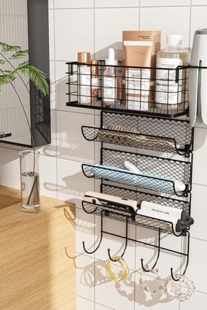 Wall-Mounted Hair Dryer Holder Styling Tool Organizer 4-Shelf Storage Wire Basket with Hook Heat Safe Rack for Hair-Straighteners,Curling Wands,Flat Iron,Perfume,Cabinet Door Bathroom Kitchen